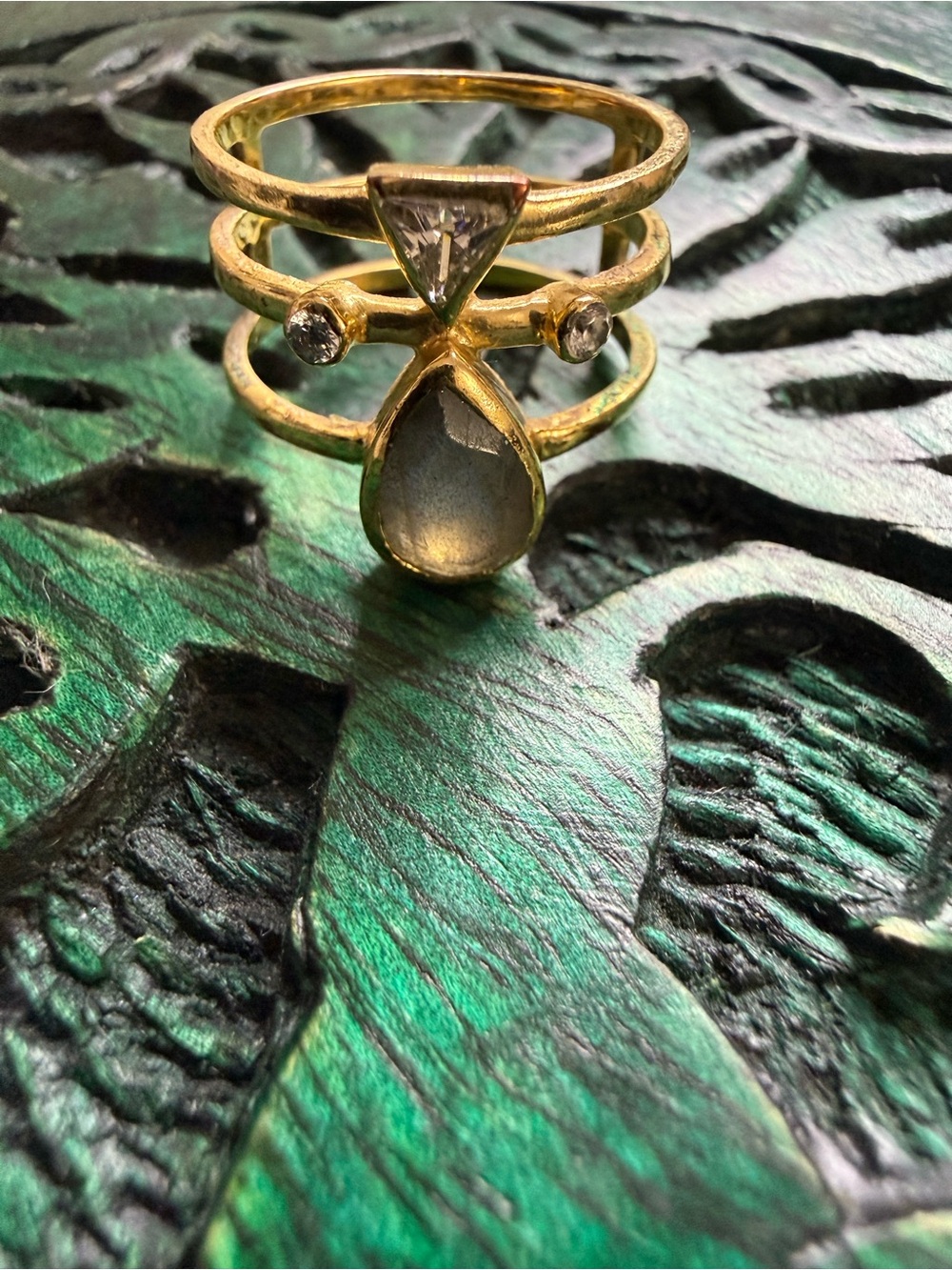 Labrodorite Clear Quartz Gold Ring • Size 8